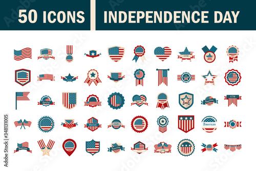 happy independence day, american flag national freedom patriotism icons set flat style