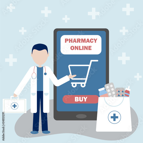 Modern telemedicine, e health concept, Coronavirus Covid-19. Online pharmacy. Flat vector illustration. Buy medications online.