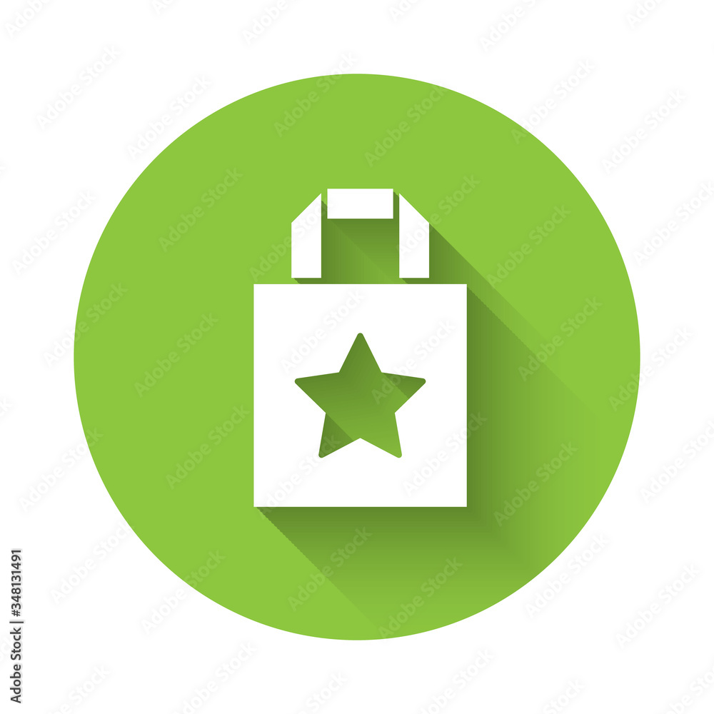 White Paper shopping bag icon isolated with long shadow. Package sign. Green circle button. Vector White Paper shopping bag icon isolated with long shadow. Package sign. Green circle button. Vector