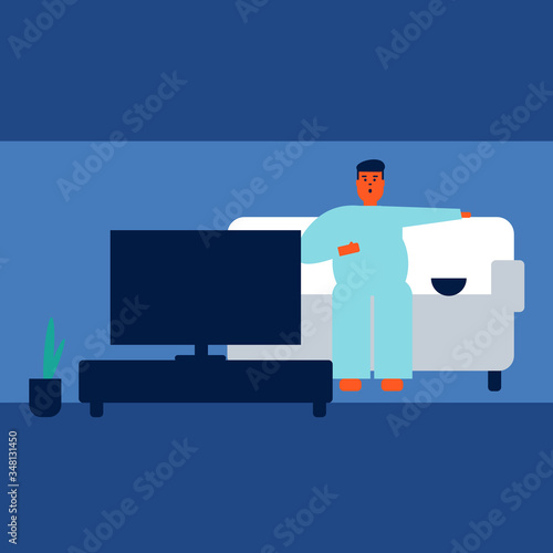 Man sitting on sofa and watching TV. Flat vector illustration in minimalist style