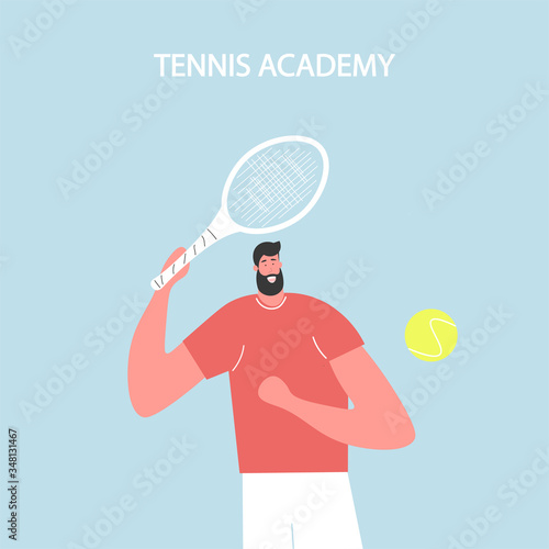 Cartoon vector illustration of a tennis player holds racket and the ball flies in front of him. Champion of the tournament. Tennis academy advertising