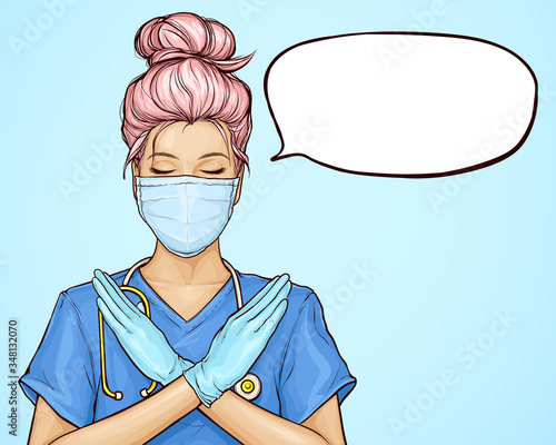 Female nurse in medical gown crossed arms shows stop, no, X sign. Doctor characters with pink hair in protective face mask, gloves on blue background. Stop virus epidemic concept. Pop art vector