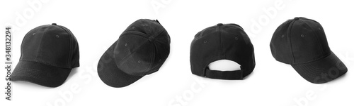 Photography Set of stylish caps on white background