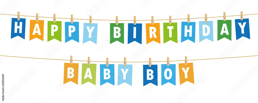 happy birthday baby boy party flags banner isolated on white background vector illustration EPS10