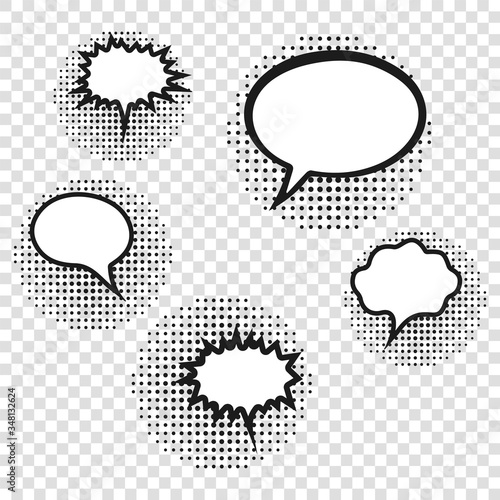 Luxury retro empty comic bubbles and elements set with black halftone shadows.