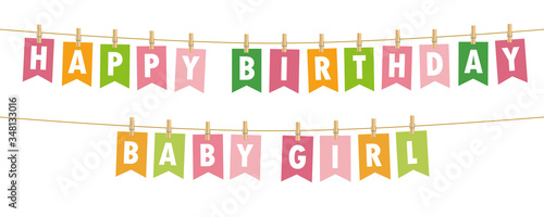 happy birthday baby girl party flags banner isolated on white background vector illustration EPS10