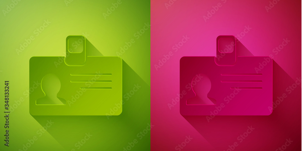 Paper cut Identification badge icon isolated on green and pink background. It can be used for presentation, identity of the company, advertising. Paper art style. Vector Paper cut Identification badge icon isolated on green and pink background. It can be used for presentation, identity of the company, advertising. Paper art style. Vector