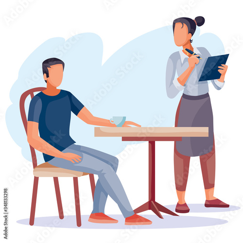 a man sits at a coffee table and a waiter girl stands next to her, she writes his order in her big notebook, isolated object on a white background, vector illustration,