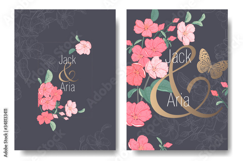 Blooming Japanese cherry tree and butterfly. Wedding invitations cards set. 