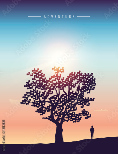 lonely girl stands under a big tree at sunset vector illustration EPS10