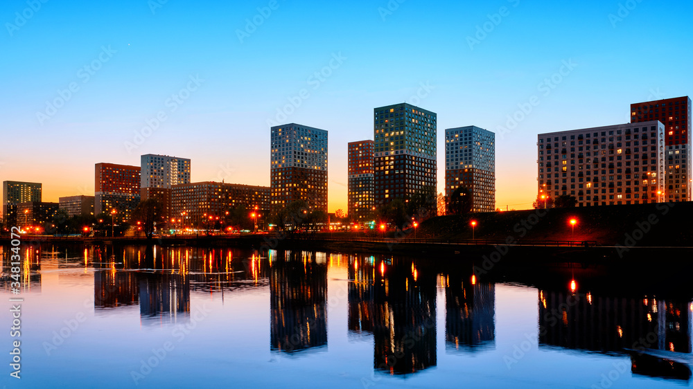 modern city skyline architecture panorama landmark at sunset against blue sky background Urban street night view of Moscow city Russia cityscape  wide panoramic landscape