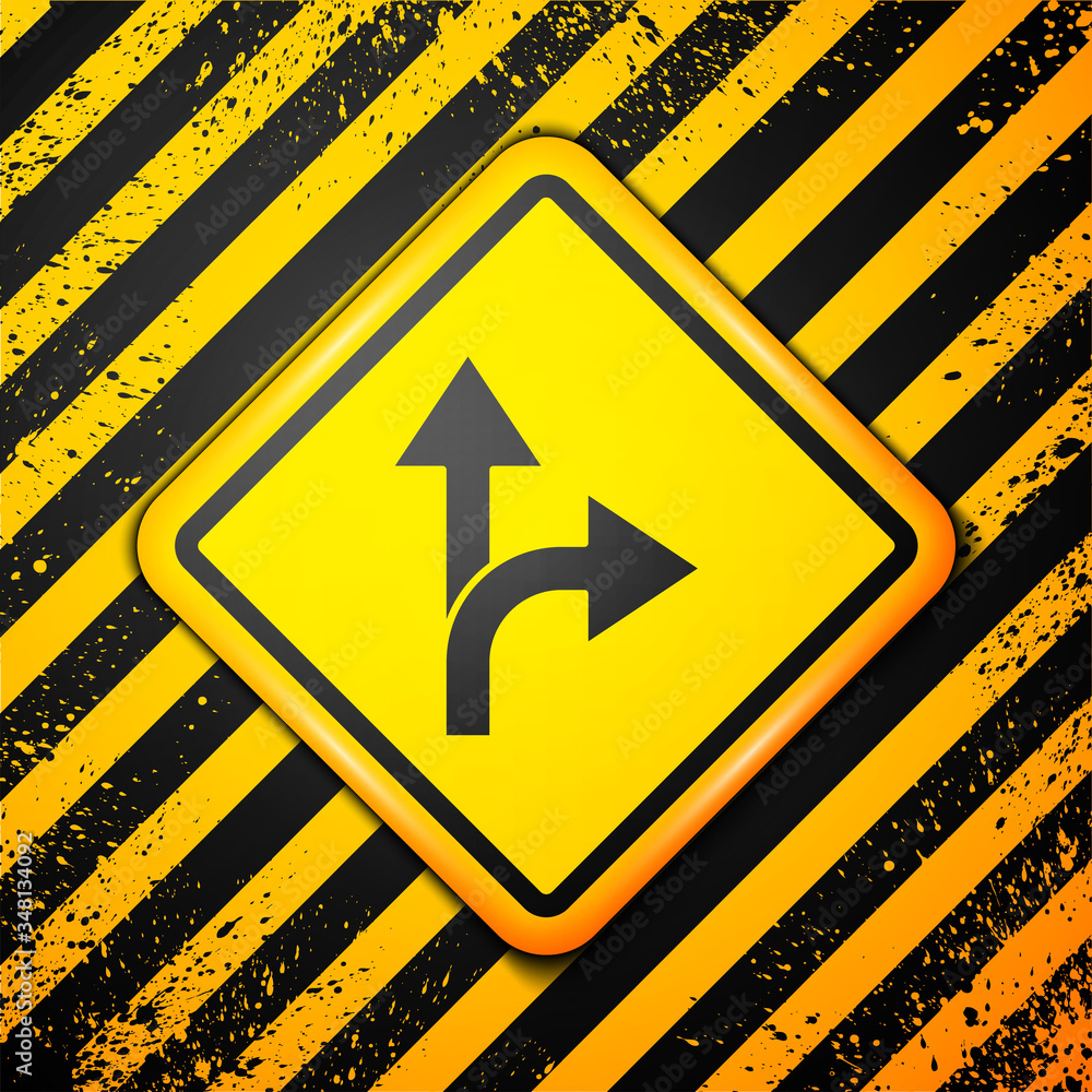 Black Road traffic sign. Signpost icon isolated on yellow background. Pointer symbol. Isolated street information sign. Direction sign. Warning sign. Vector Black Road traffic sign. Signpost icon isolated on yellow background. Pointer symbol. Isolated street information sign. Direction sign. Warning sign. Vector