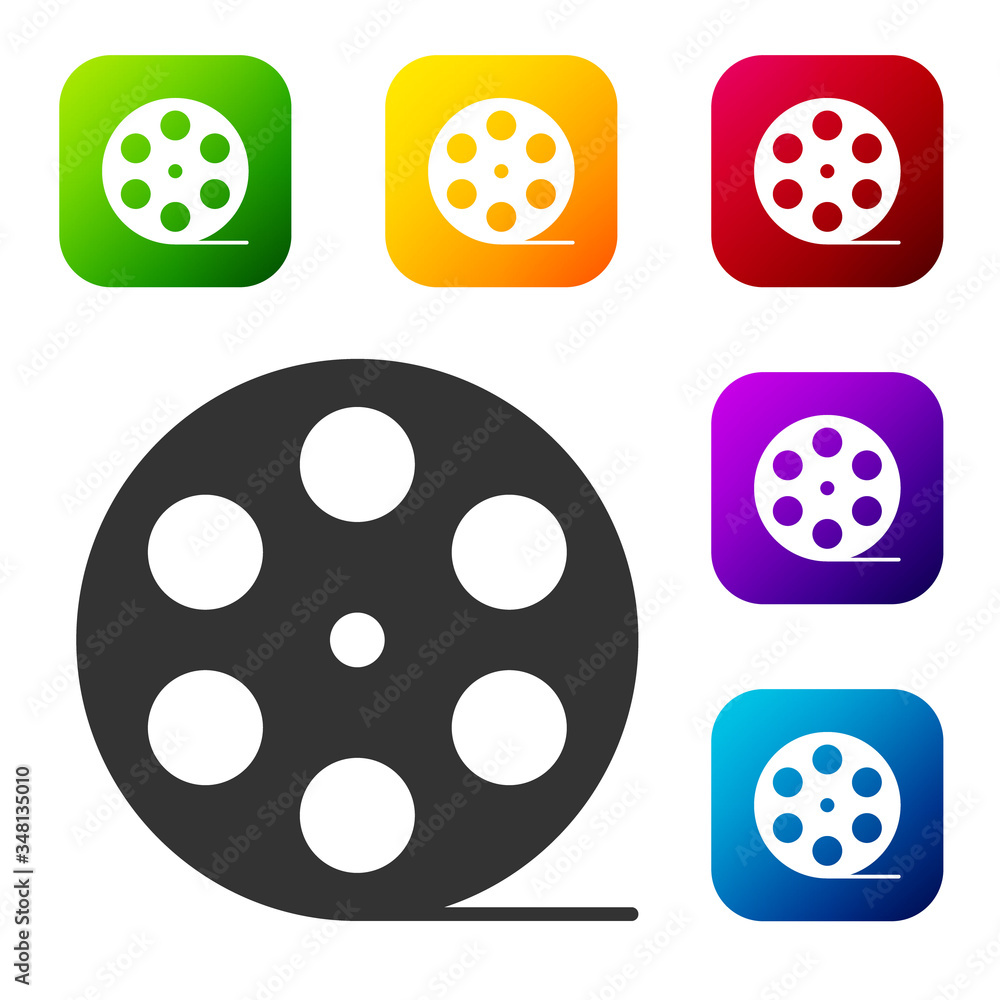 Fototapeta premium Black Film reel icon isolated on white background. Set icons in color square buttons. Vector