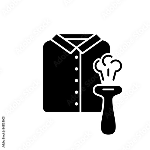 Silhouette man's shirt and portable steamer with hot air. Outline icon of mini travel iron for clothes. Black simple illustration of compact ironing device. Flat isolated vector sign, white background