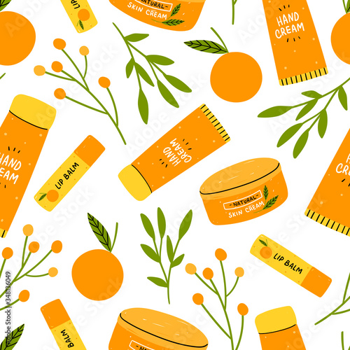 Seamless pattern with organic cosmetics and leaves for print, textile. Natural life style background.