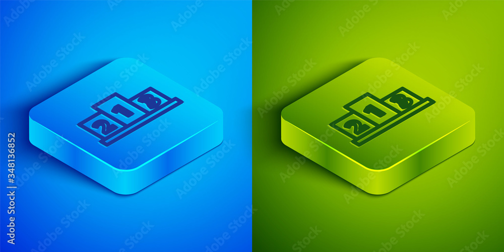 Isometric line Award over sports winner podium icon isolated on blue and green background. Square button. Vector Isometric line Award over sports winner podium icon isolated on blue and green background. Square button. Vector