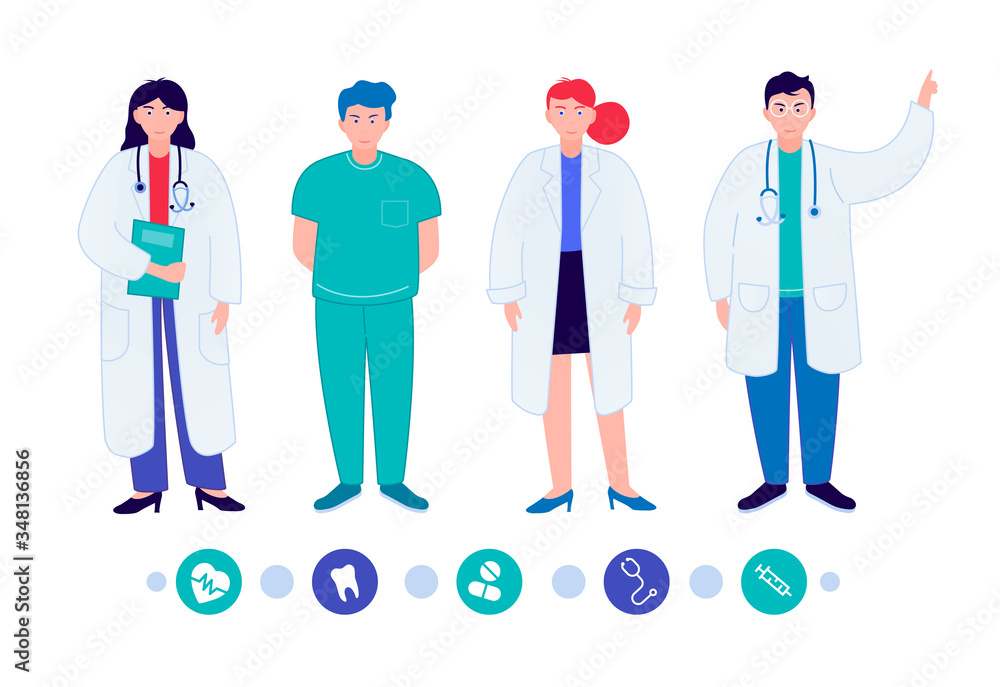 Set of doctors characters. Medical team doctors, nurse, professional hospital workers, group of medics.