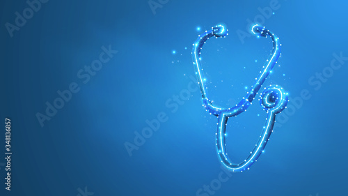 Stethoscope. Cardiologist tool for heartbeat monitoring, Diagnostic equipment, Hospital service design. Low poly, wireframe 3d vector illustration. Abstract polygonal image on blue neon background