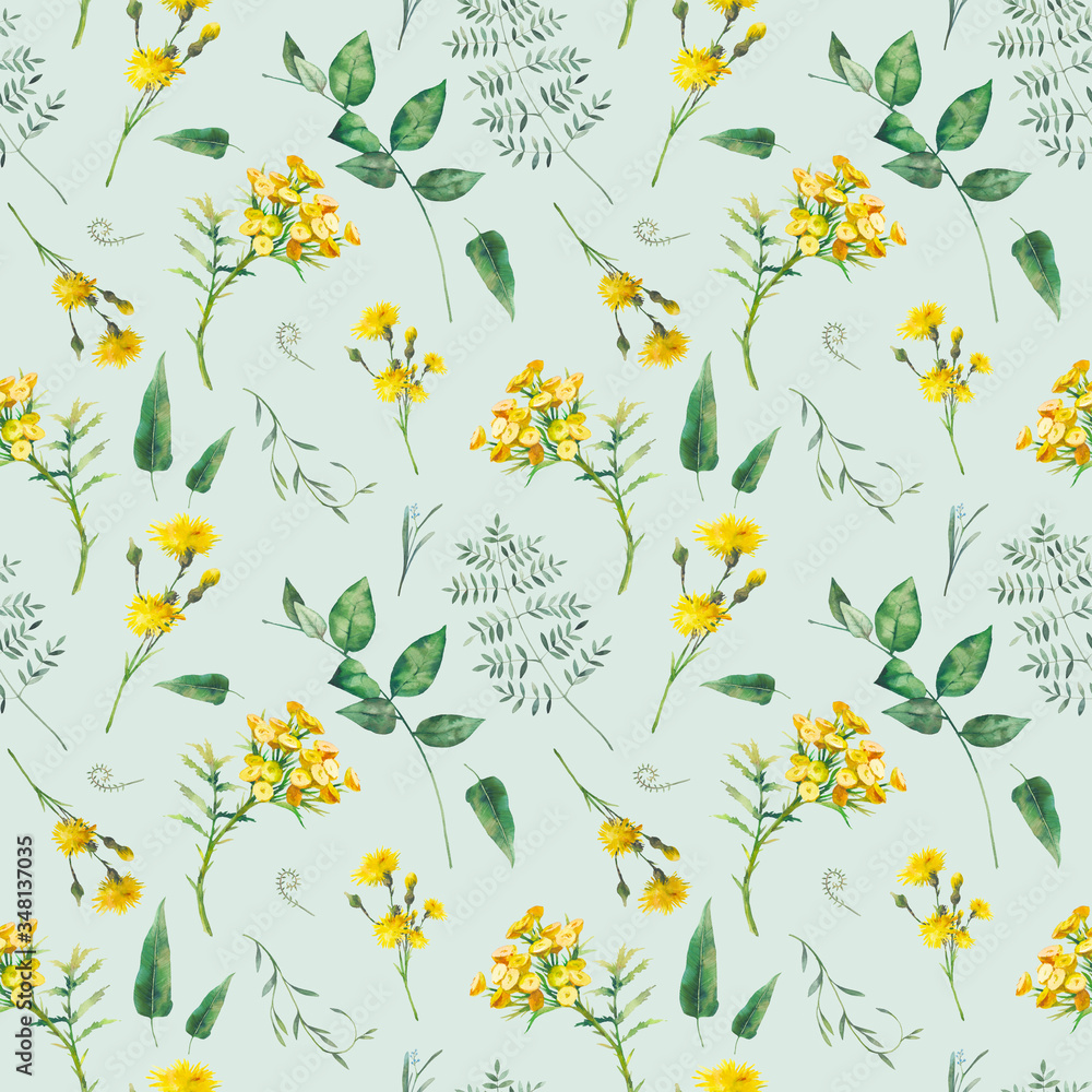 Watercolor meadow seamless pattern. Hand painted floral texture on pastel green background.