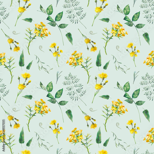 Watercolor meadow seamless pattern. Hand painted floral texture on pastel green background.