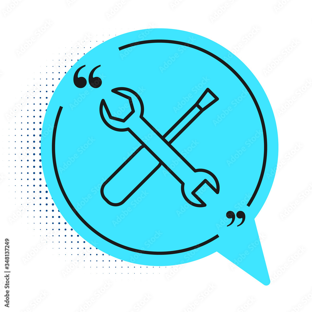 Black line Screwdriver and wrench spanner tools icon isolated on white background. Service tool symbol. Blue speech bubble symbol. Vector Black line Screwdriver and wrench spanner tools icon isolated on white background. Service tool symbol. Blue speech bubble symbol. Vector