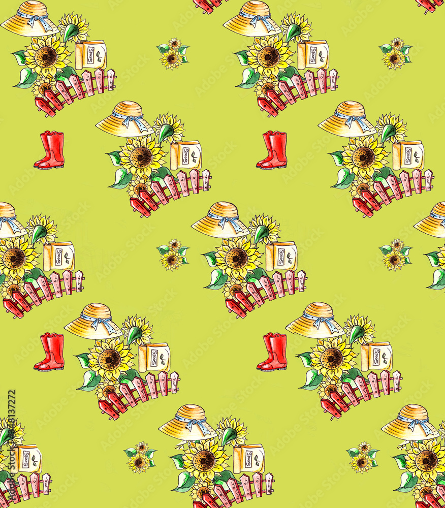 Gardening pattern. Straw hat, sunflower, fence, rubber boots Gardening pattern. Straw hat, sunflower, fence, rubber boots