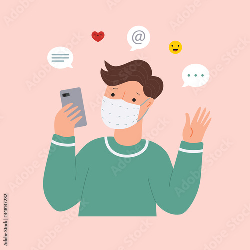 Online communication. Man wearing face mask. Coronavirus epidemic preventive measures, self isolation