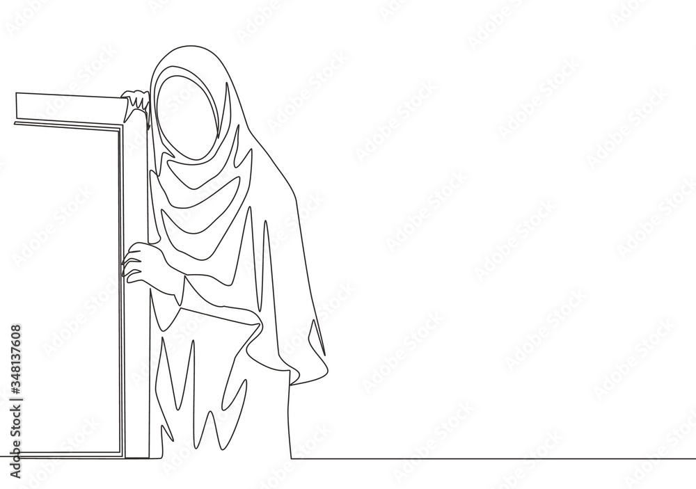 Single continuous line drawing of young beautiful muslimah wearing head scarf leaning on the wall. Beautiful Asian woman model in trendy hijab fashion concept one line draw design vector illustration Single continuous line drawing of young beautiful muslimah wearing head scarf leaning on the wall. Beautiful Asian woman model in trendy hijab fashion concept one line draw design vector illustration