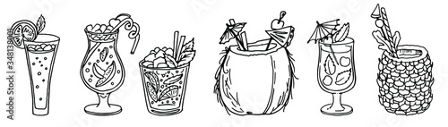 Cocktail doodle set with Lemonade Mojito, Sex on the Beach, Strawberry Mint Cocktail, Coconut and Pineapple cocktails. Vector illustration isolated on white background for package or menu design