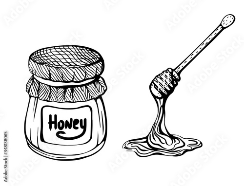 a jug of honey and a honey stick. Bee honey. Vector illustration in the Doodle style.