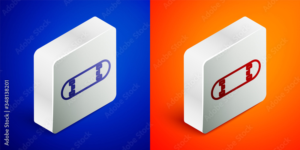 Isometric line Skateboard trick icon isolated on blue and orange background. Extreme sport. Sport equipment. Silver square button. Vector Isometric line Skateboard trick icon isolated on blue and orange background. Extreme sport. Sport equipment. Silver square button. Vector