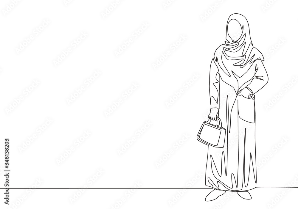 One continuous line drawing of young pretty muslimah on traditional arab cloth carrying pocker bag. Beauty Asian woman model in trendy hijab fashion concept single line draw design vector illustration One continuous line drawing of young pretty muslimah on traditional arab cloth carrying pocker bag. Beauty Asian woman model in trendy hijab fashion concept single line draw design vector illustration