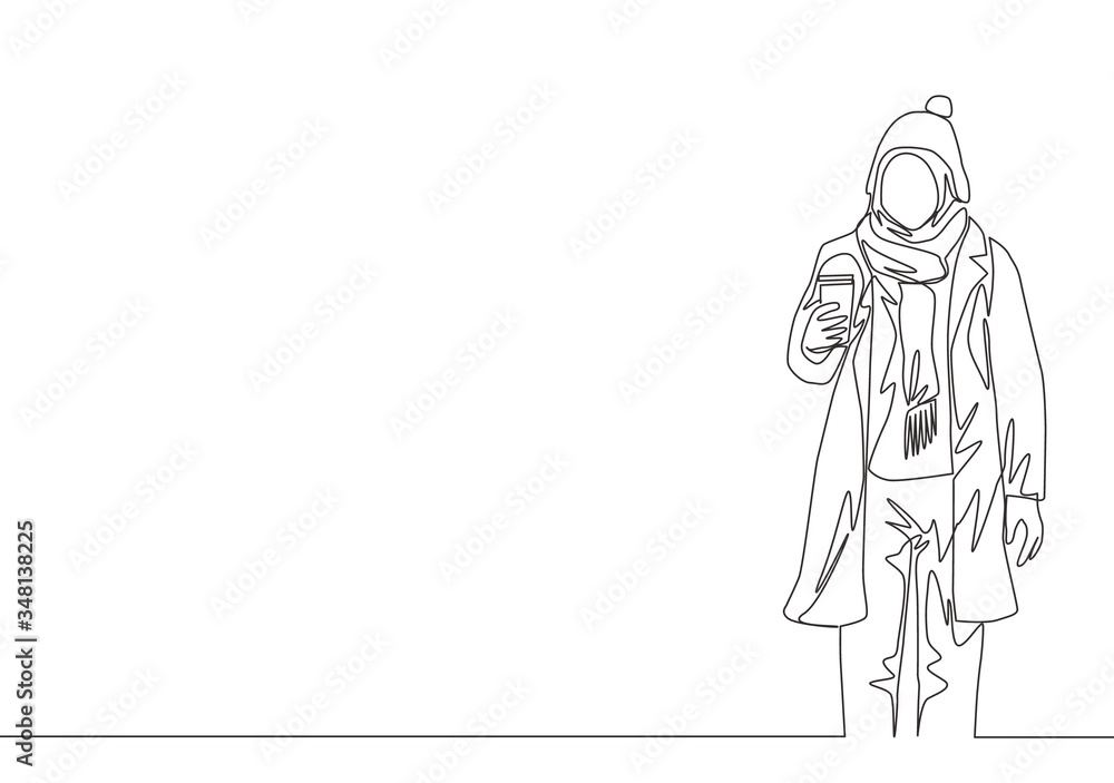 One single line drawing of young attractive happy muslimah wear beanie hat and hold coffee cup. Beauty Asian woman model in trendy hijab fashion concept continuous line draw design vector illustration One single line drawing of young attractive happy muslimah wear beanie hat and hold coffee cup. Beauty Asian woman model in trendy hijab fashion concept continuous line draw design vector illustration
