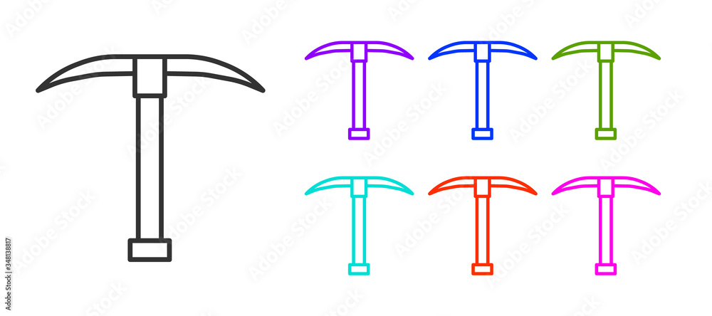 Black line Pickaxe icon isolated on white background. Set icons colorful. Vector Black line Pickaxe icon isolated on white background. Set icons colorful. Vector