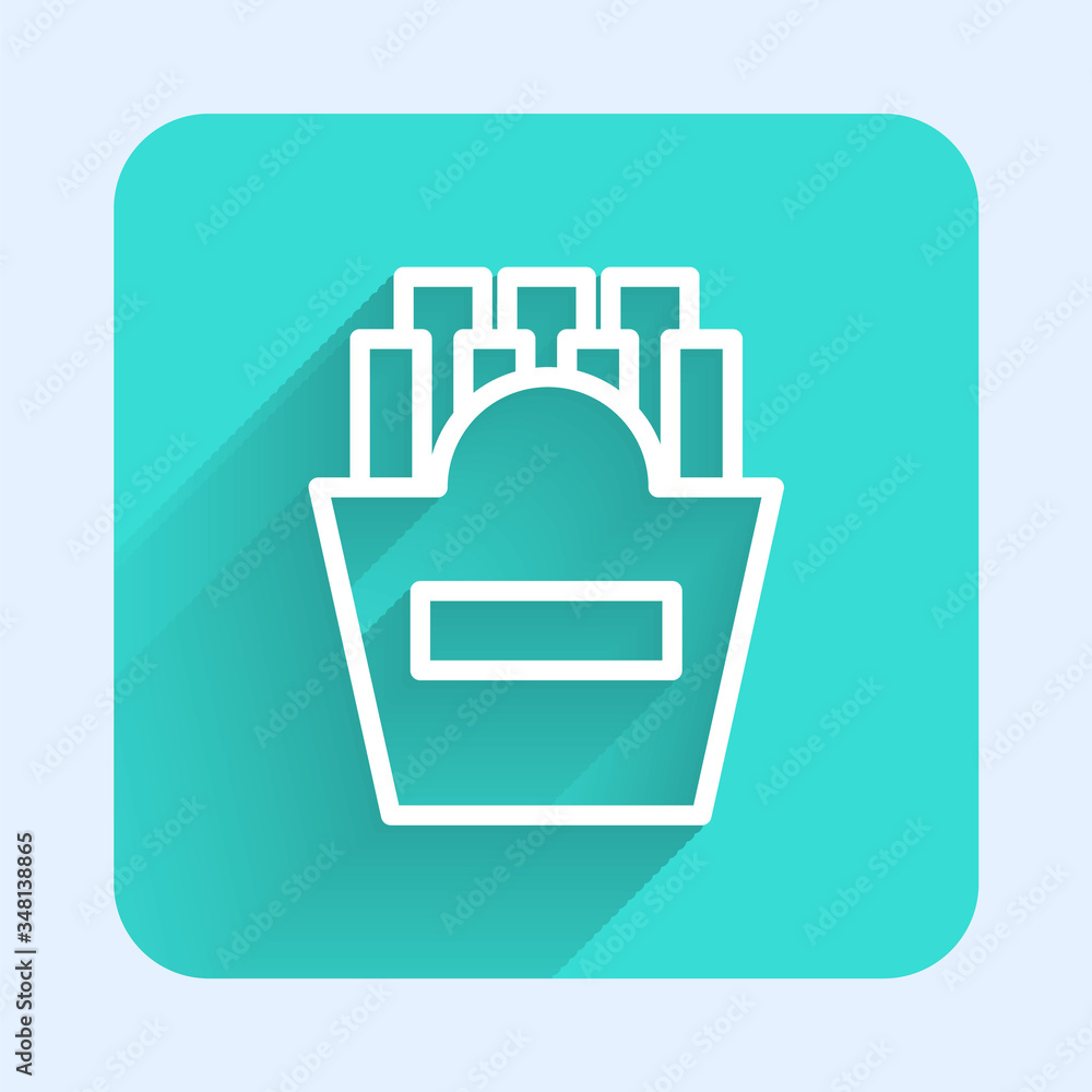 White line Potatoes french fries in carton package box icon isolated with long shadow. Fast food menu. Green square button. Vector White line Potatoes french fries in carton package box icon isolated with long shadow. Fast food menu. Green square button. Vector