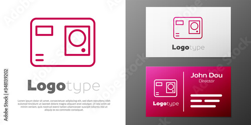 Logotype line Action extreme camera icon isolated on white background. Video camera equipment for filming extreme sports. Logo design template element. Vector