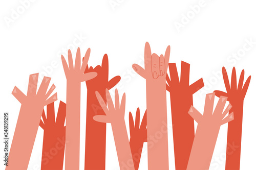 Raised hands up vector cartoon illustration isolated on a white background.