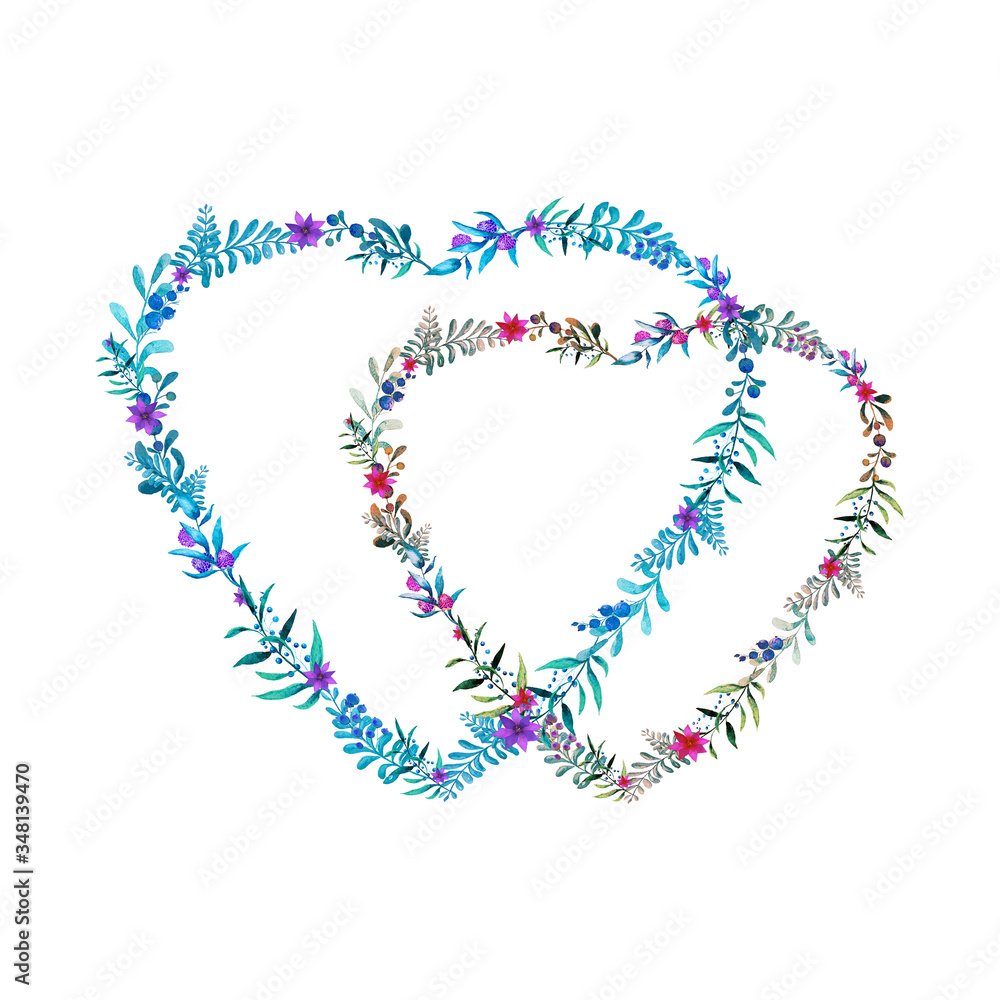 Two watercolor hearts with plants and flowers isolated on white