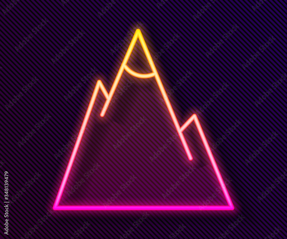 Glowing neon line Mountains icon isolated on black background. Symbol of victory or success concept. Vector Glowing neon line Mountains icon isolated on black background. Symbol of victory or success concept. Vector