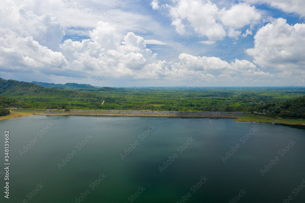 Beautiful scenery of dam with mountain and lake view at Thailand, Asia.