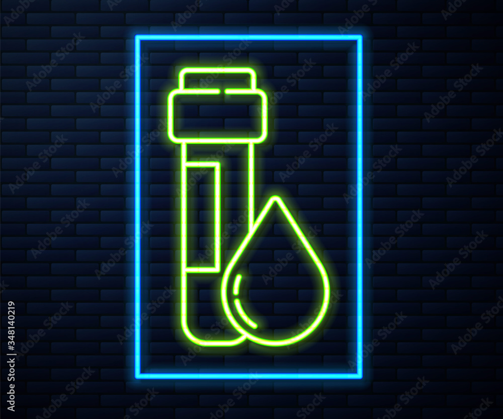 Glowing neon line Test tube with water drop icon isolated on brick wall background. Vector Glowing neon line Test tube with water drop icon isolated on brick wall background. Vector