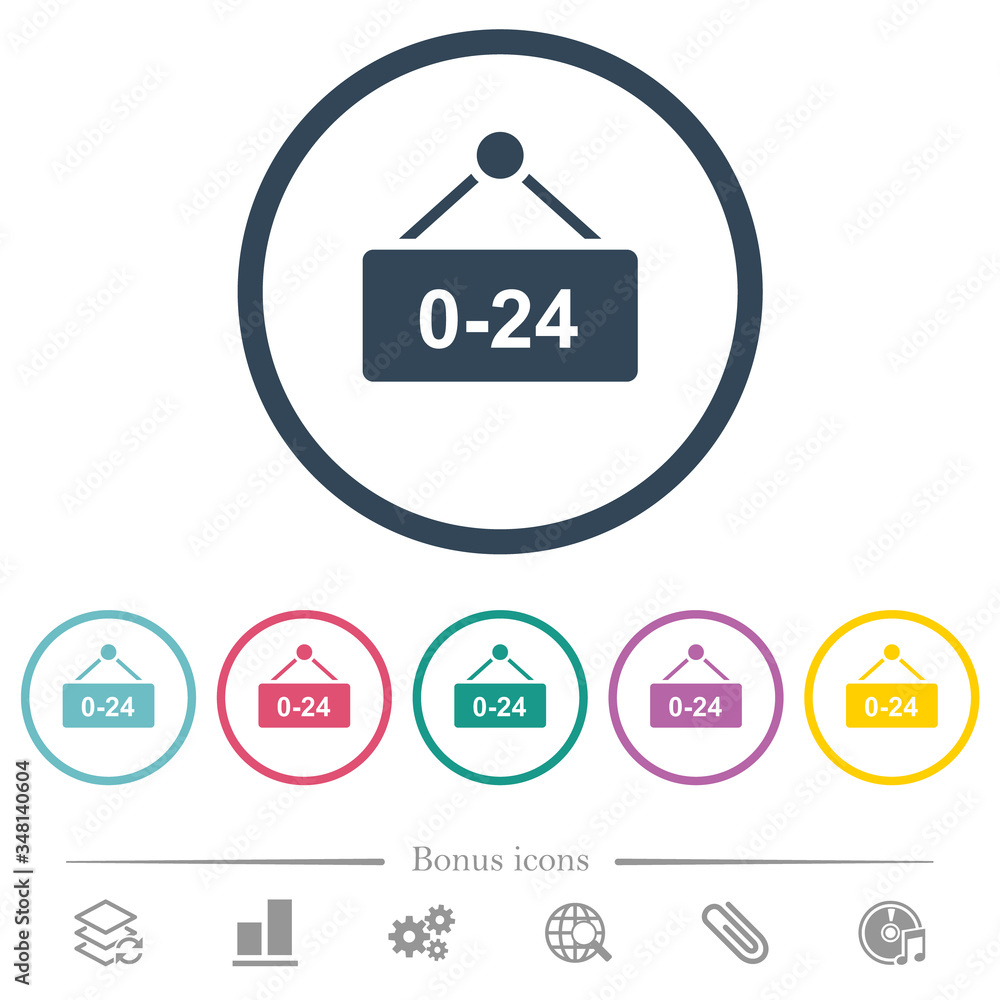 Hanging table with 24 hours flat color icons in round outlines Hanging table with 24 hours flat color icons in round outlines