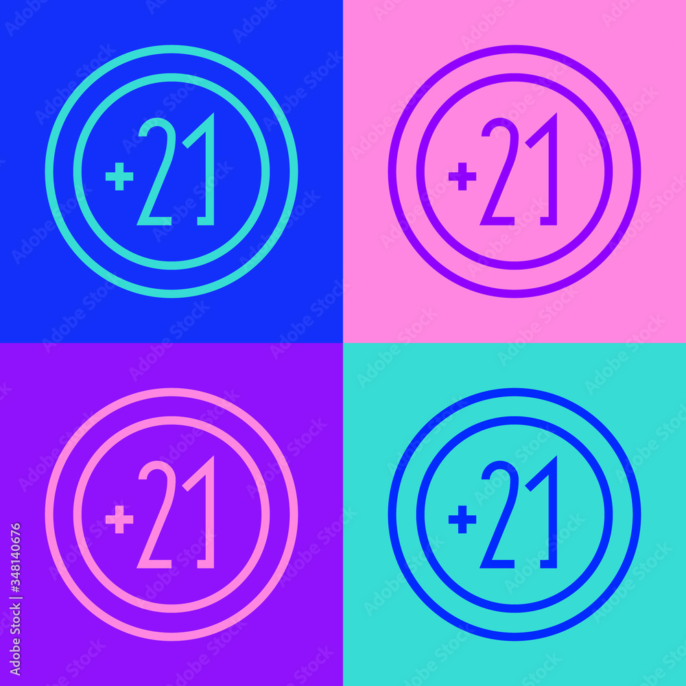 Pop art line Alcohol 21 plus icon isolated on color background. Prohibiting alcohol beverages. Vector Pop art line Alcohol 21 plus icon isolated on color background. Prohibiting alcohol beverages. Vector