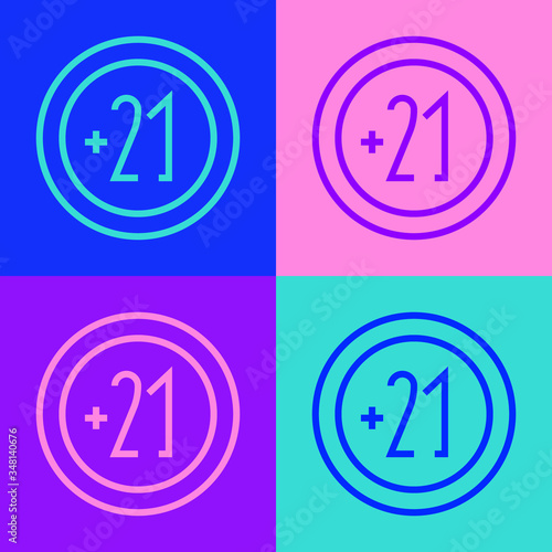 Pop art line Alcohol 21 plus icon isolated on color background. Prohibiting alcohol beverages. Vector