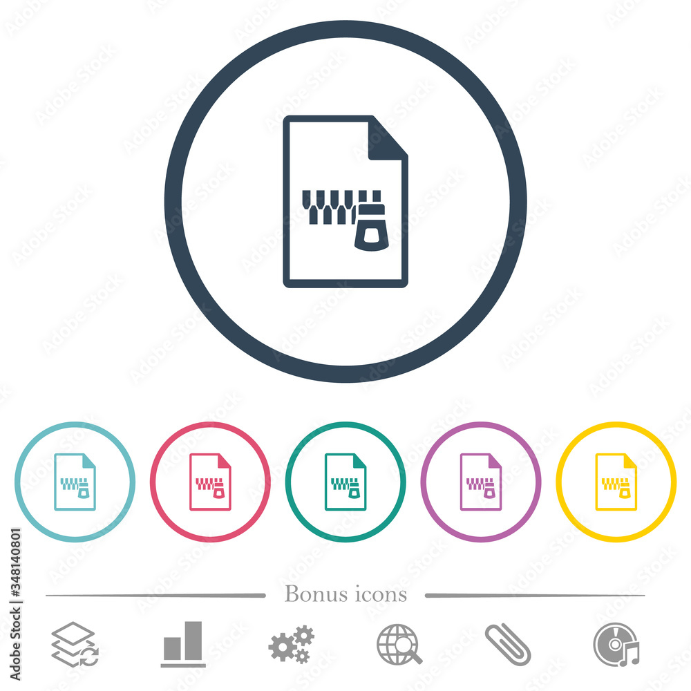 Zipped document flat color icons in round outlines Zipped document flat color icons in round outlines