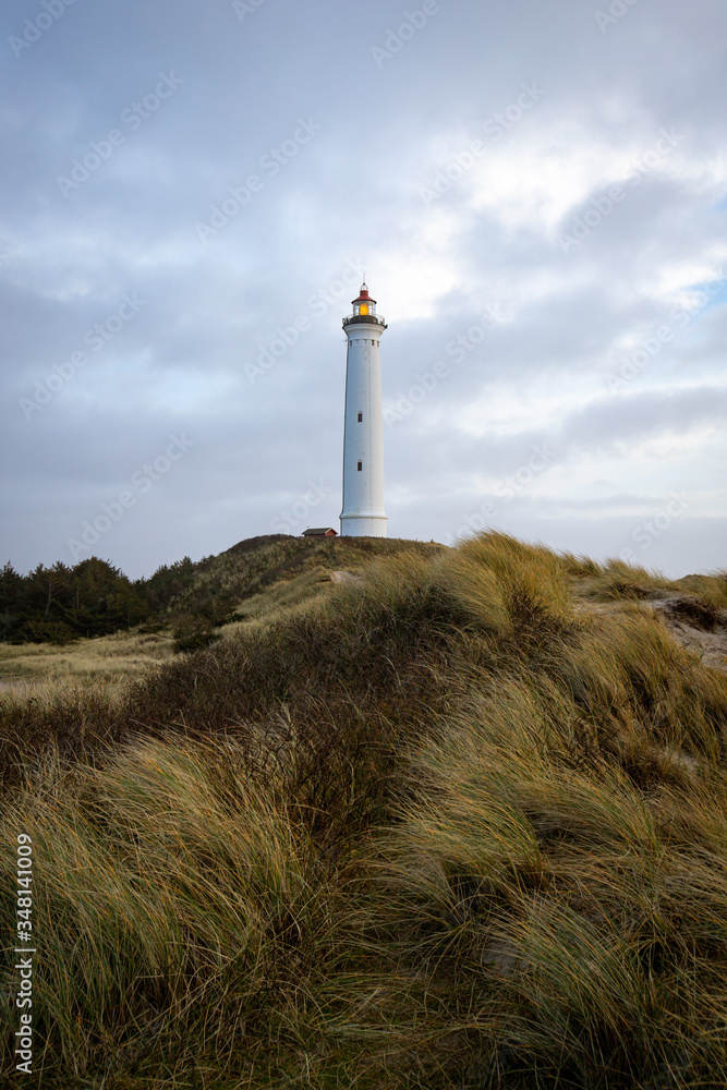 lighthouse on the coast with dunes
