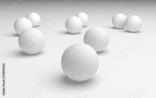 White abstract background. Set of white balls isolated on white backdrop. 3D illustration