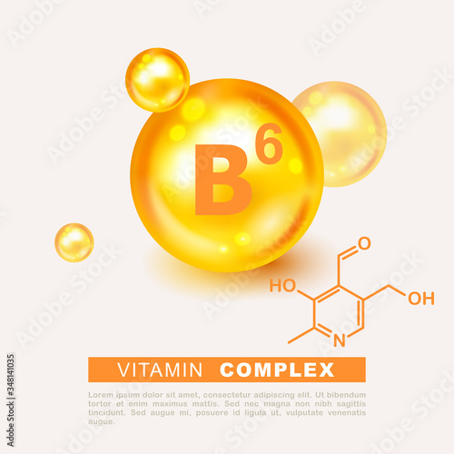 Vitamin gold shining pill capsule icon. Nutrition sign vector concept. The power of vitamin B6. Chemical formula. Pyridoxine vitamin drop pill capsule. Shining golden essence droplet. Beauty treatment