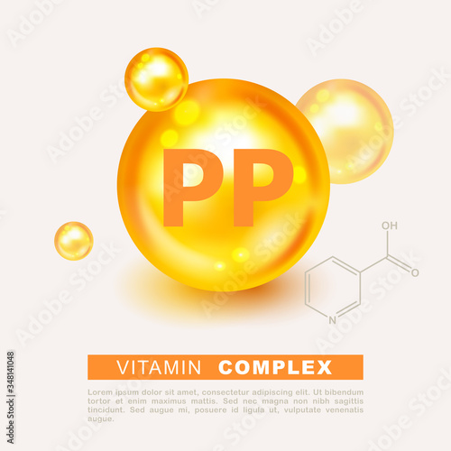 Vitamin gold shining pill capsule icon. Vitamin PP. Vitamin complex with Chemical formula, Vitamin PP, NiacinVitamin B3. Shining golden substance drop. Meds for heath, beauty ads. PP