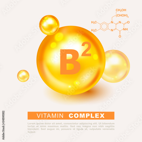 Vitamin gold shining pill capsule icon. Nutrition sign vector concept. The power of vitamin B2. Chemical formula. Vitamin B2 gold essence. Riboflavin drop pill vitamin treatment. Golden vector natural